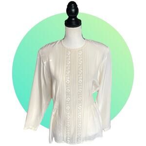 Vintage YL By Yair 80s Silk Ivory Off-White Womans Long Sleeve Fitted Blouse 6 M